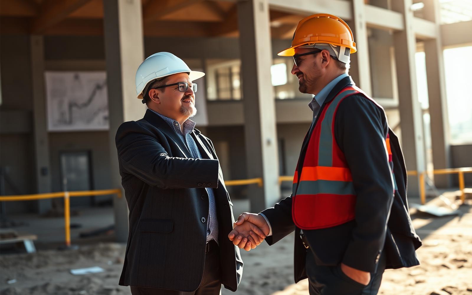 Poignée de main entre un maître d'ouvrage et un dirigeant d'entreprise de construction sur un chantier