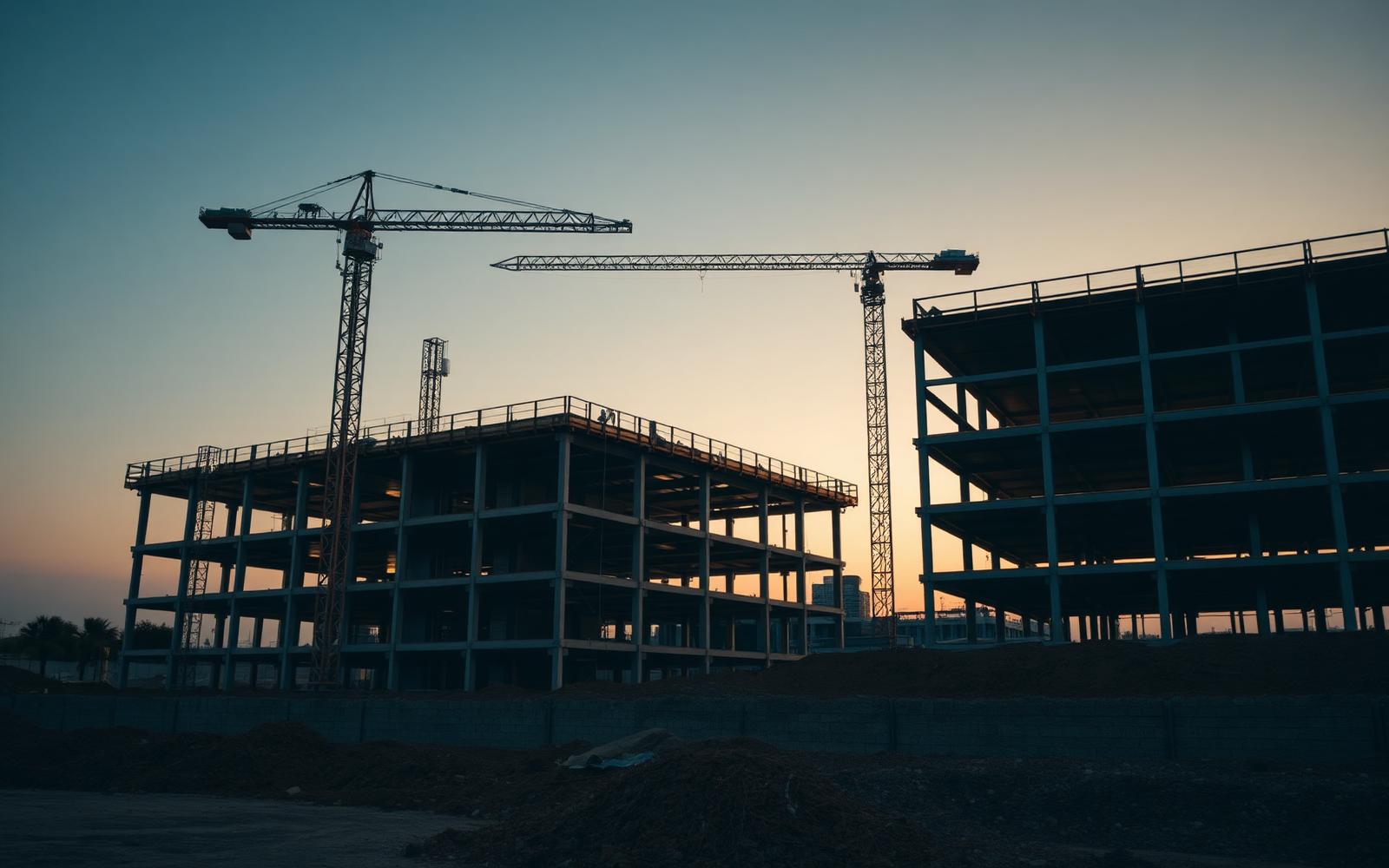 Bâtiment en phase structure au coucher du soleil, avec grues et charpente métallique