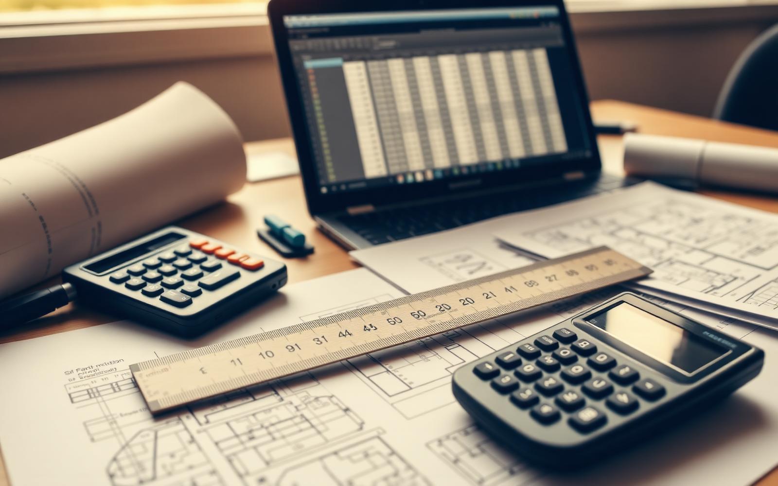 Bureau d'études : règle métrique, calculatrice et plans techniques pour l'établissement d'un métré