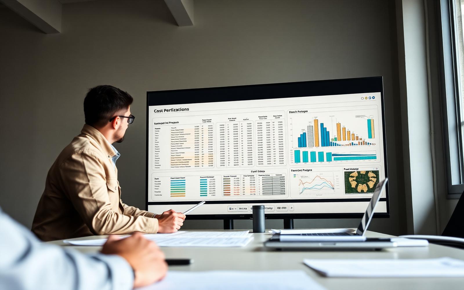 Réunion d'optimisation budgétaire sur un projet de construction devant un tableau de bord
