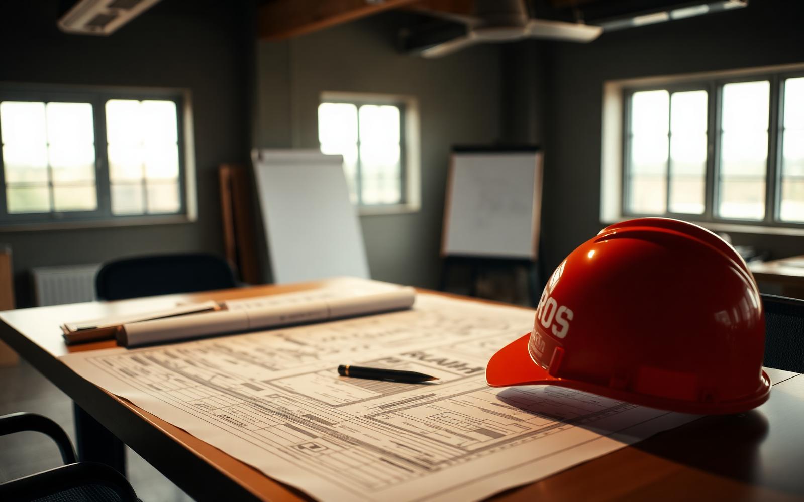Plans techniques, casque de chantier et documents de préparation sur une table de projet